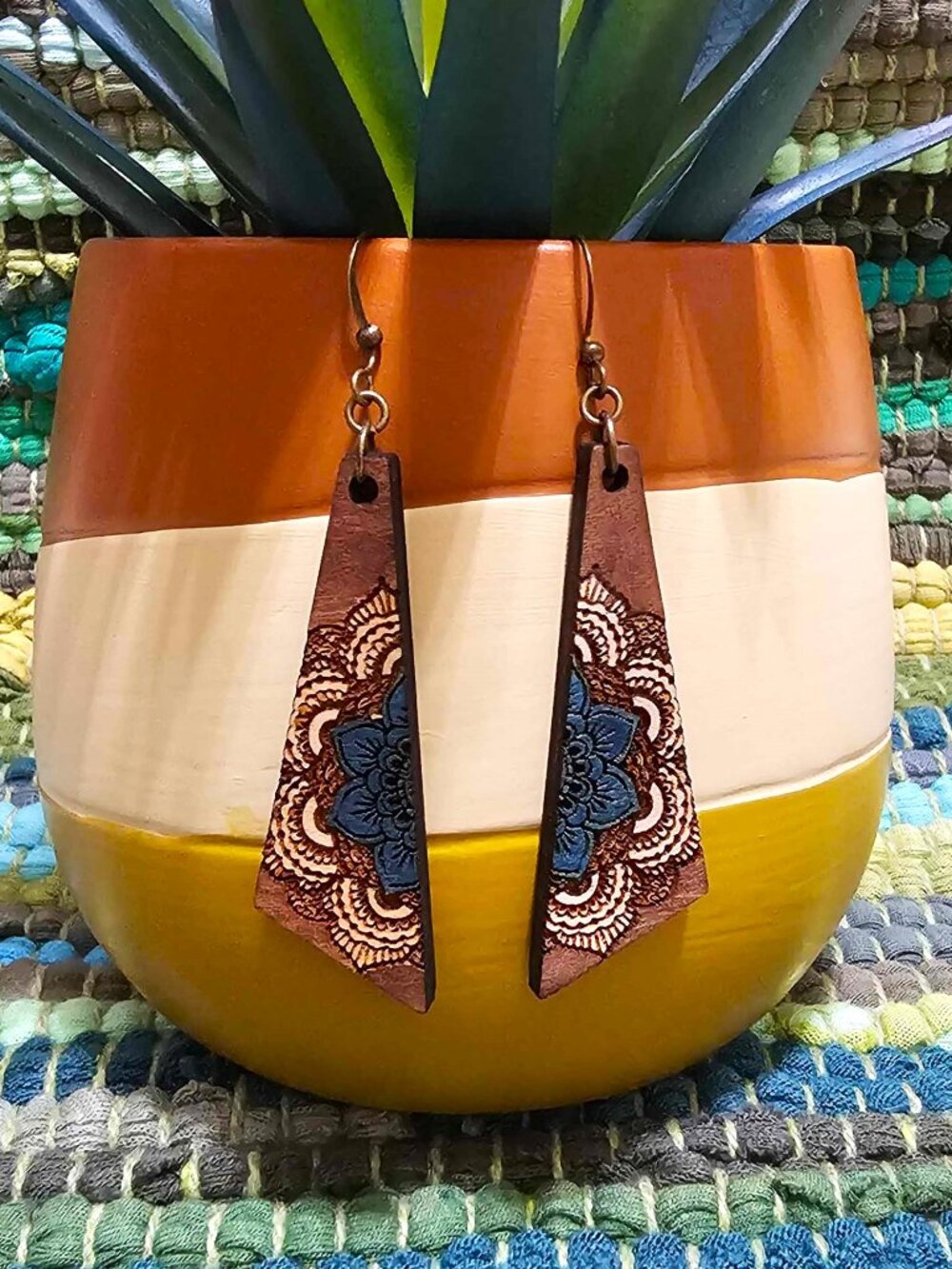 Boho Turquoise Ivory Mandala Statement Wood Earrings Geometric Dangle Pierced - Picture 10 of 11